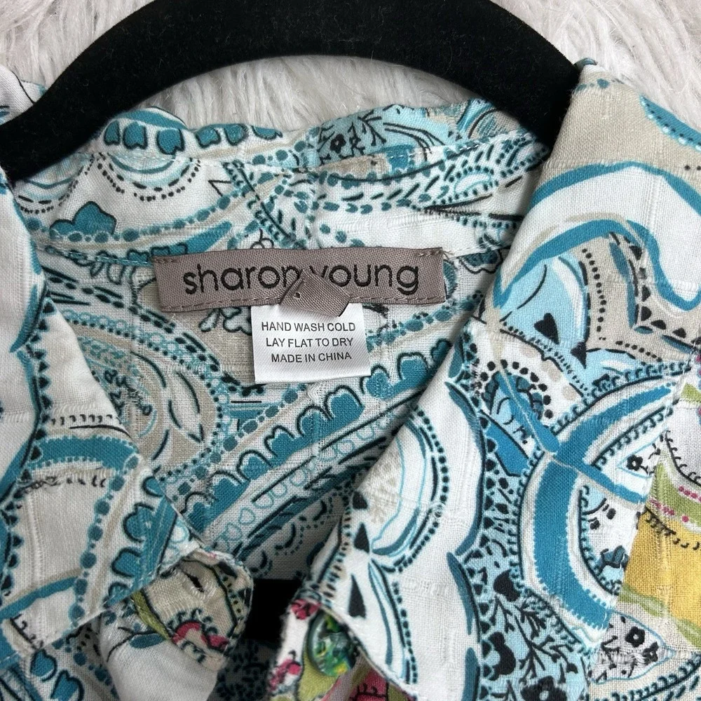 Sharon Young Top Sz M Blue‎ Colorful Artsy Abstract Floral Long Sleeve Button Up - Picture 11 of 12